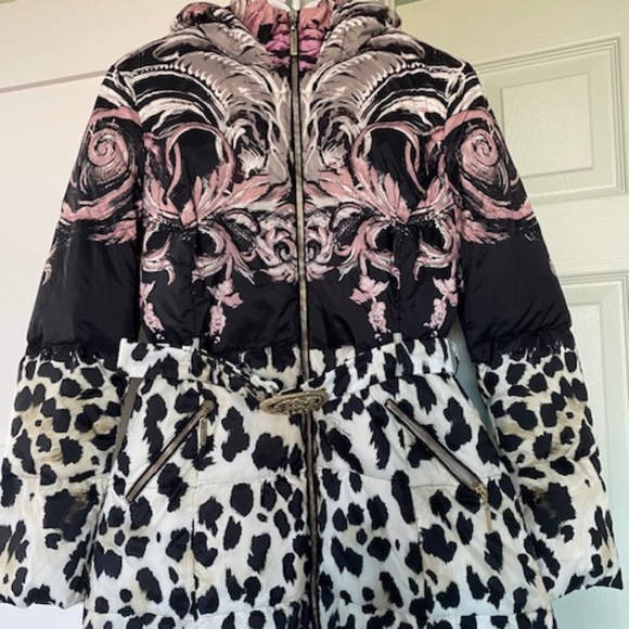 Roberto Cavalli Black and Pink Puffer Jacket with Bold Patterns - Picture 1 of 16